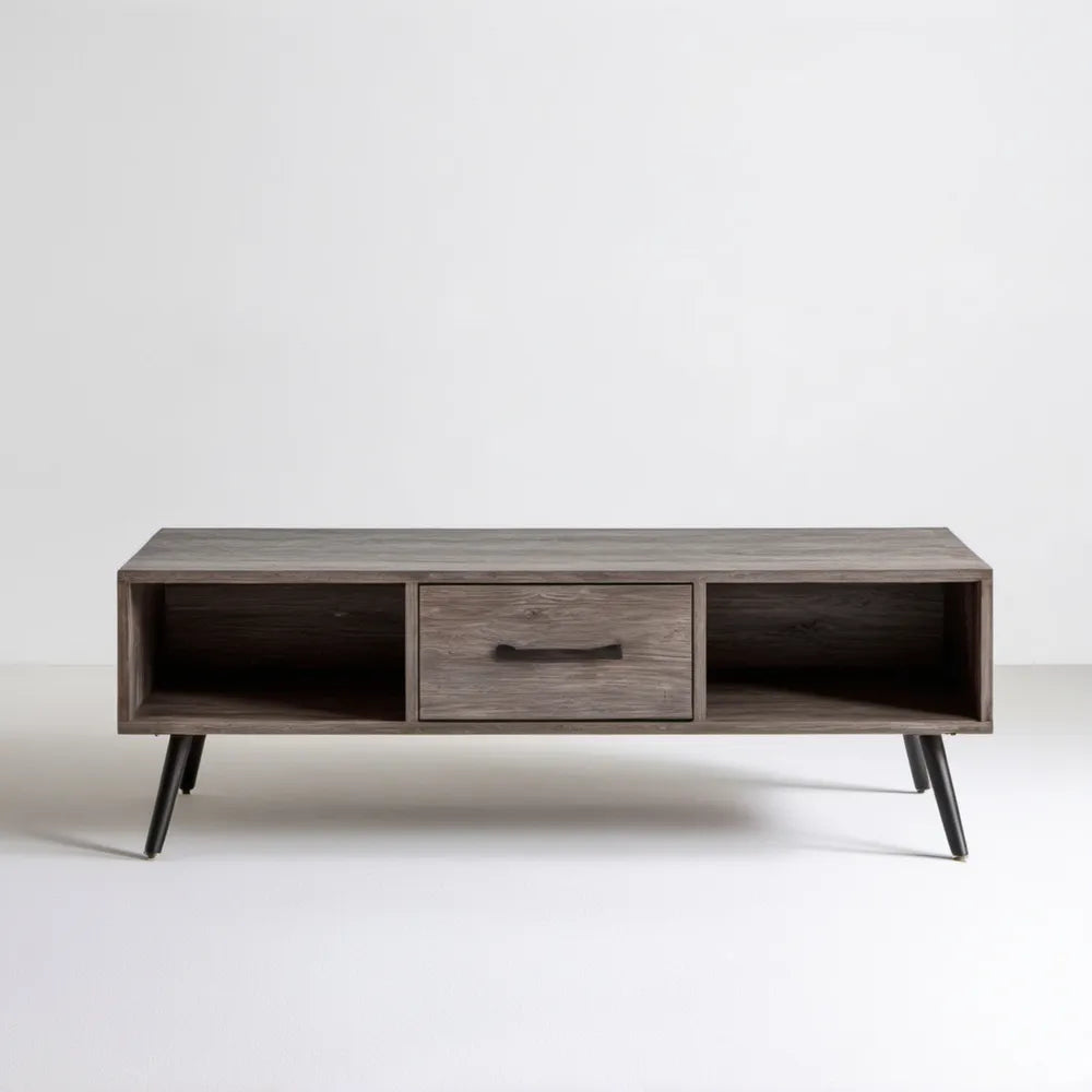 Szaro-brązowy stolik RTV 120 x 40 x 45 cm z szufladą i 2 otwartymi wnękami