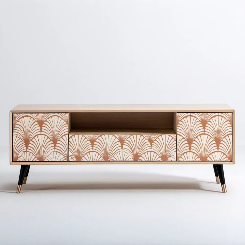 Szafka RTV z MDF 160 x 40 x 60 cm beżowa/brązowa/czarna/złota ze wzorem wachlarzy