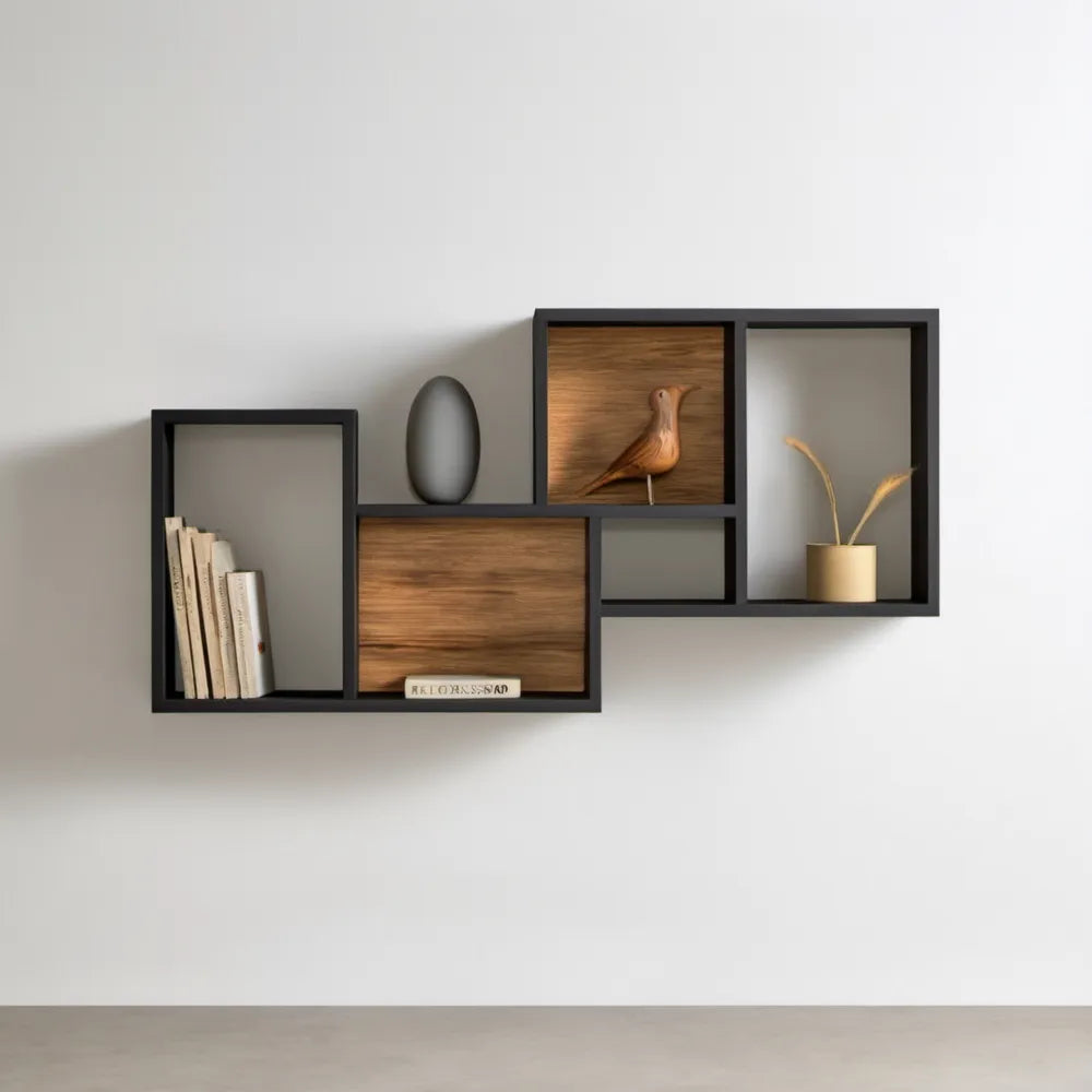 Wisząca półka ścienna ze stali i MDF, czarno-orzechowa, 120 x 60 x 15 cm