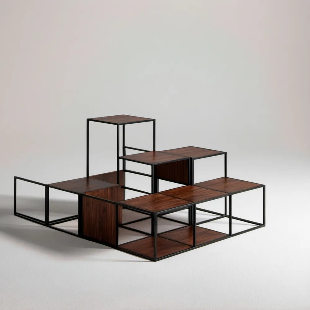 Zestaw 6 modułowych stolików kawowych MDF i stal, ciemny orzech/czarny, 150 x 100 x 100 cm