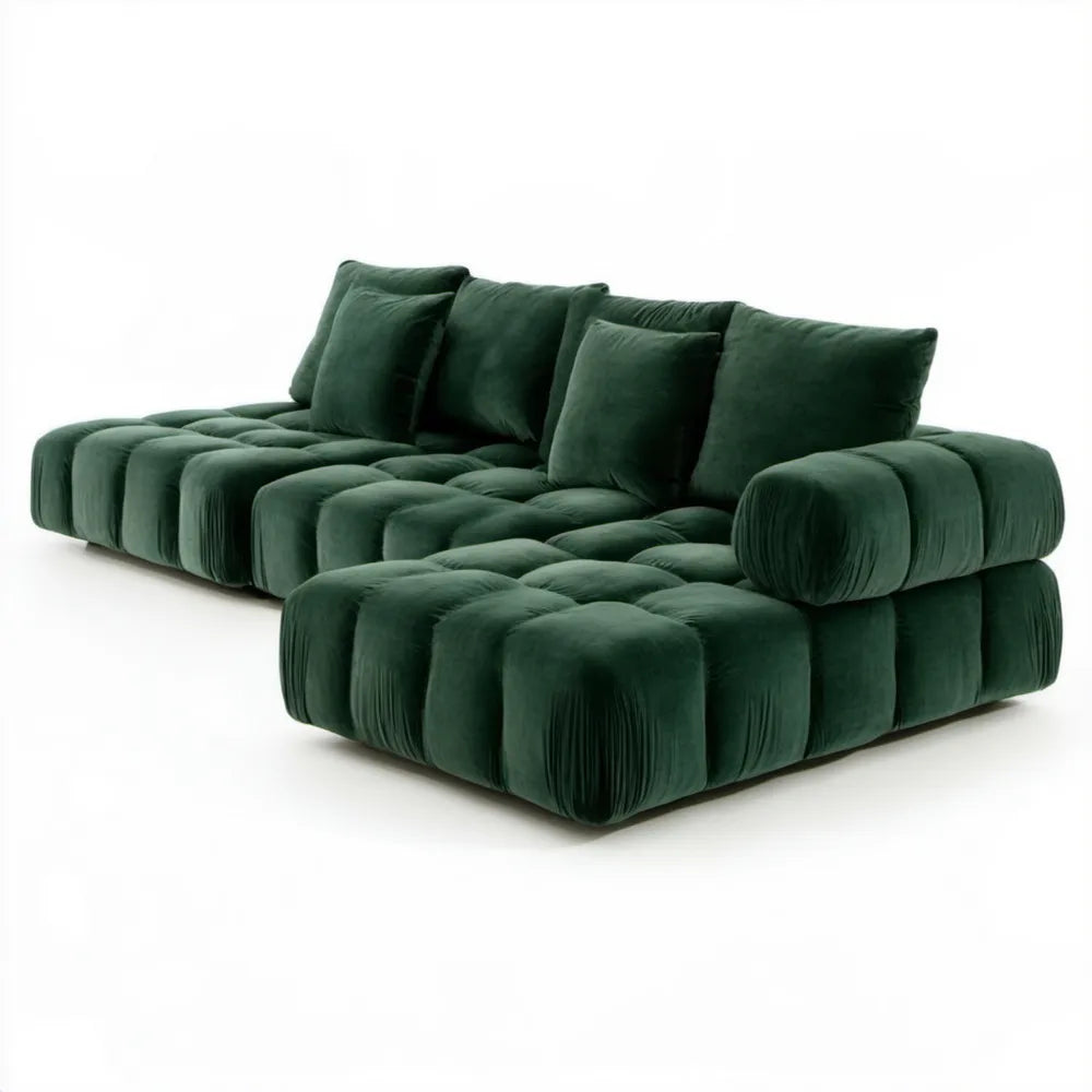 Ciemnozielona sofa narożna w kształcie L z szezlongiem, aksamit poliestrowy, 300 x 180 x 82 cm