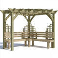 Drewniana pergola ogrodowa z ławkami narożnymi 300 x 300 x 240 cm Naturalna zielonkawo-beżowa