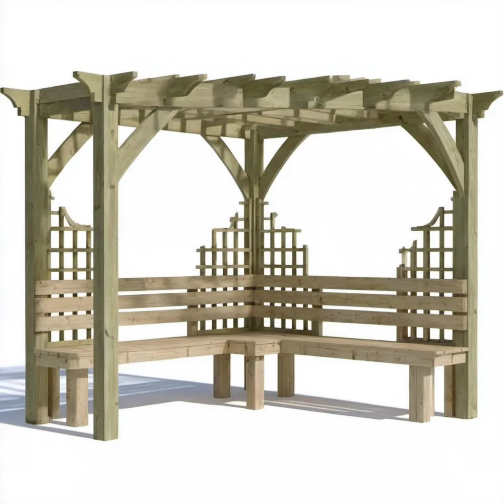 Drewniana pergola ogrodowa z ławkami narożnymi 300 x 300 x 240 cm Naturalna zielonkawo-beżowa