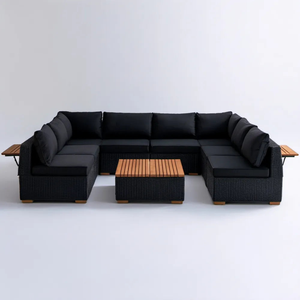 Modułowy zestaw z technorattanu PE w układzie U 300 × 220 × 75 cm, Czarny/Koniakowy