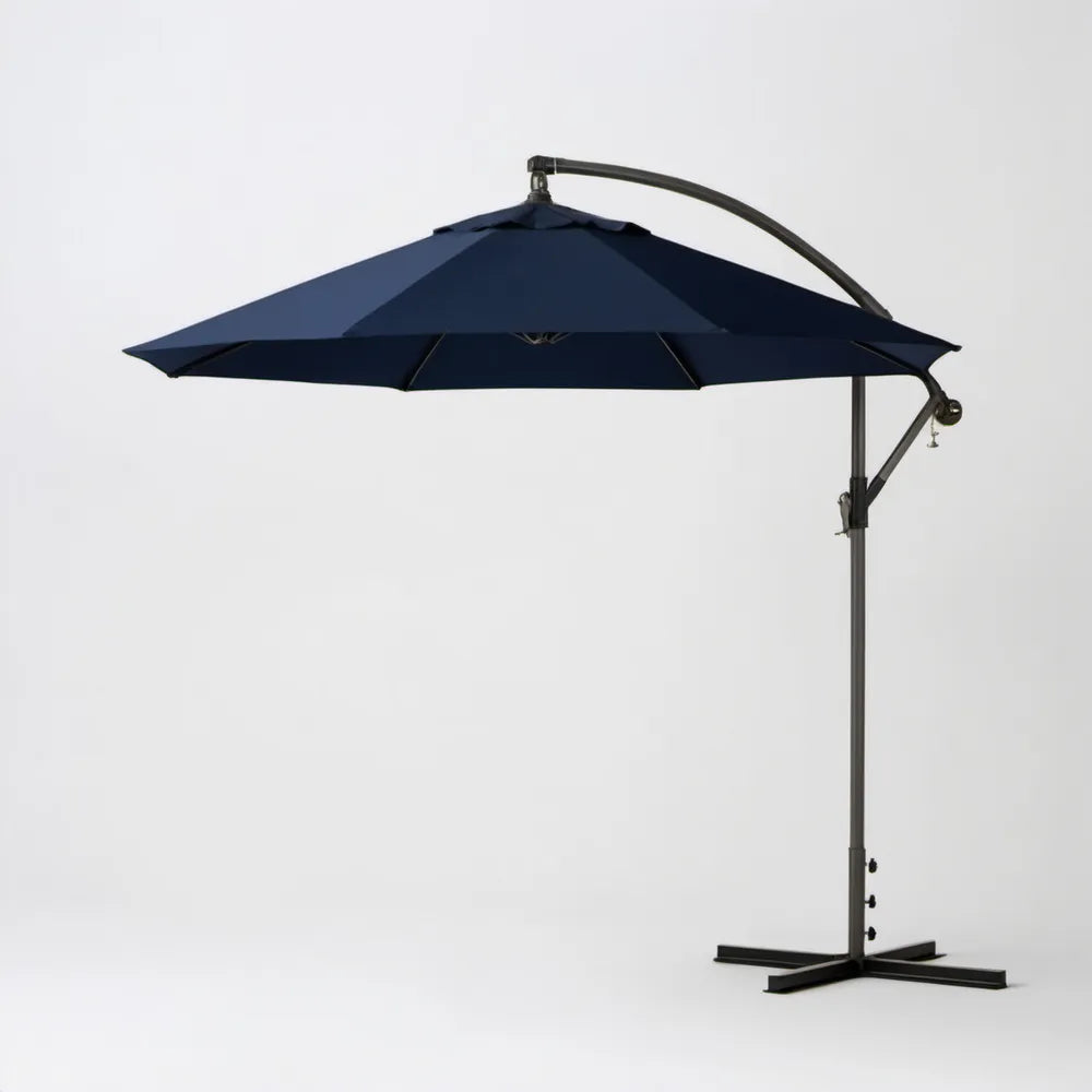 Boczny parasol ogrodowy granatowy z czarną stalową konstrukcją, Ø 300 cm, wysokość 245 cm