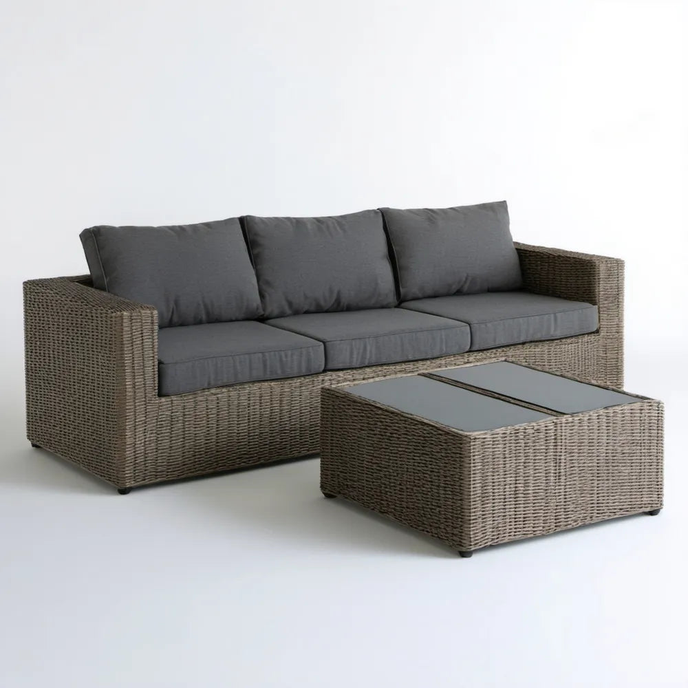 Zestaw wypoczynkowy z technorattanu, szarobrązowy/ciemnoszary, sofa 200 x 75 x 70 cm i stolik 100 x 60 x 35 cm