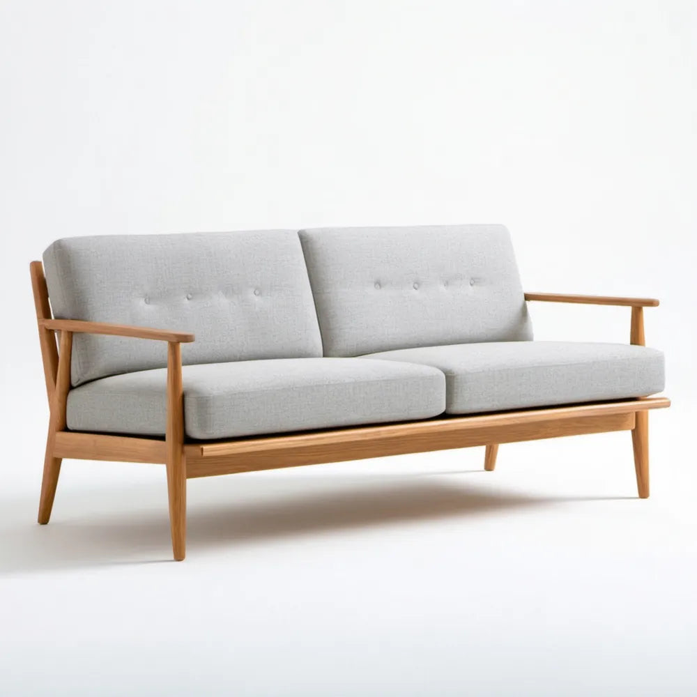 Dwuosobowa sofa z litego drewna bukowego, jasnoszara i naturalnie brązowa, 145 x 75 x 78 cm