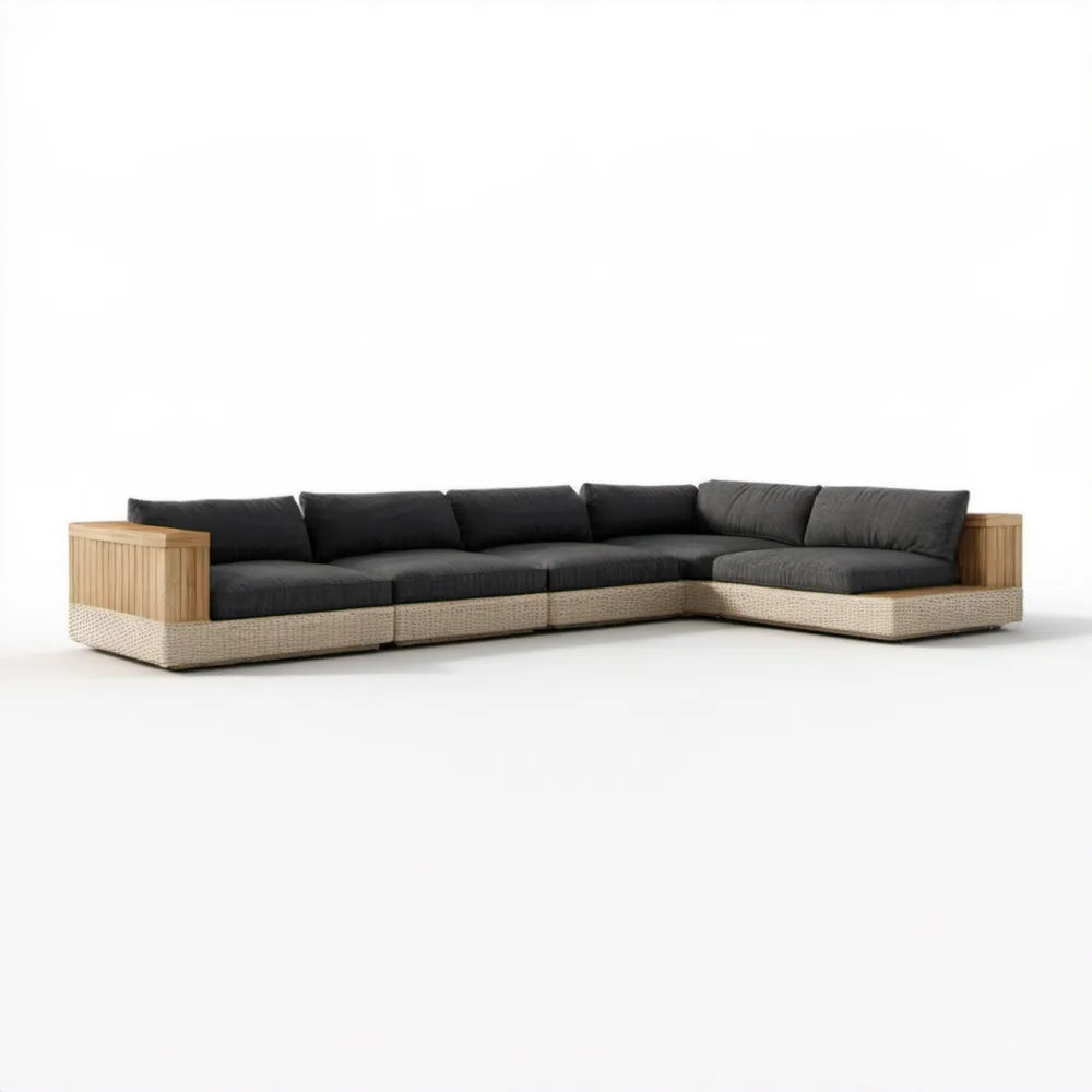 Modułowa narożna sofa ogrodowa 5-osobowa z drewna tekowego i plecionki PE, czarno-beżowo-brązowa, 300 × 220 × 72 cm