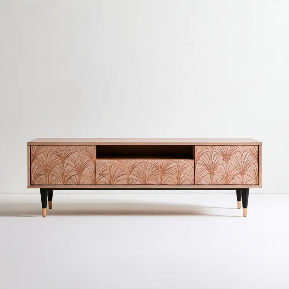 Szafka RTV z litego drewna mango jasnobrązowa/czarna/złota 160 x 40 x 55 cm