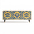 Szafka RTV z MDF żółto-granatowa z ornamentowym wzorem, 160 × 40 × 75 cm