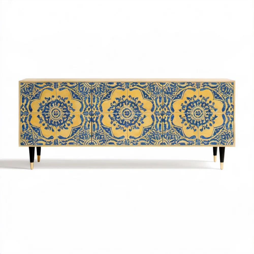 Szafka RTV z MDF żółto-granatowa z ornamentowym wzorem, 160 × 40 × 75 cm