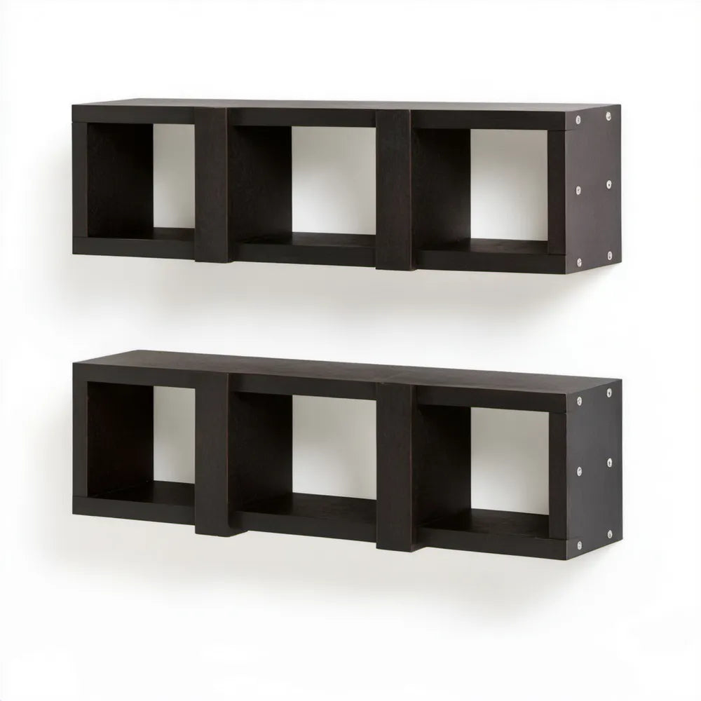 Zestaw 2 czarnych półek ściennych MDF 80 x 20 x 20 cm z 3 wnękami