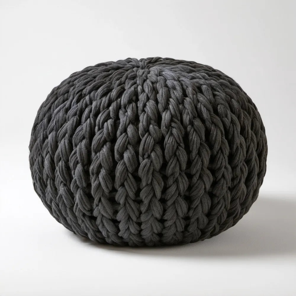 Okrągła dziergana pufa z bawełny, ciemnoszara, Ø 50 × 35 cm