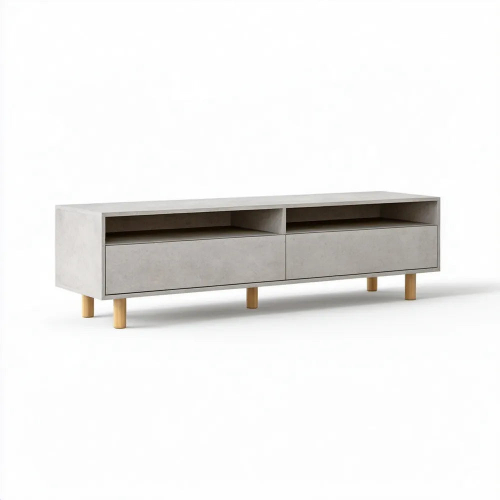 Szara szafka RTV z płyty MDF na drewnianych nóżkach 160 x 40 x 50 cm