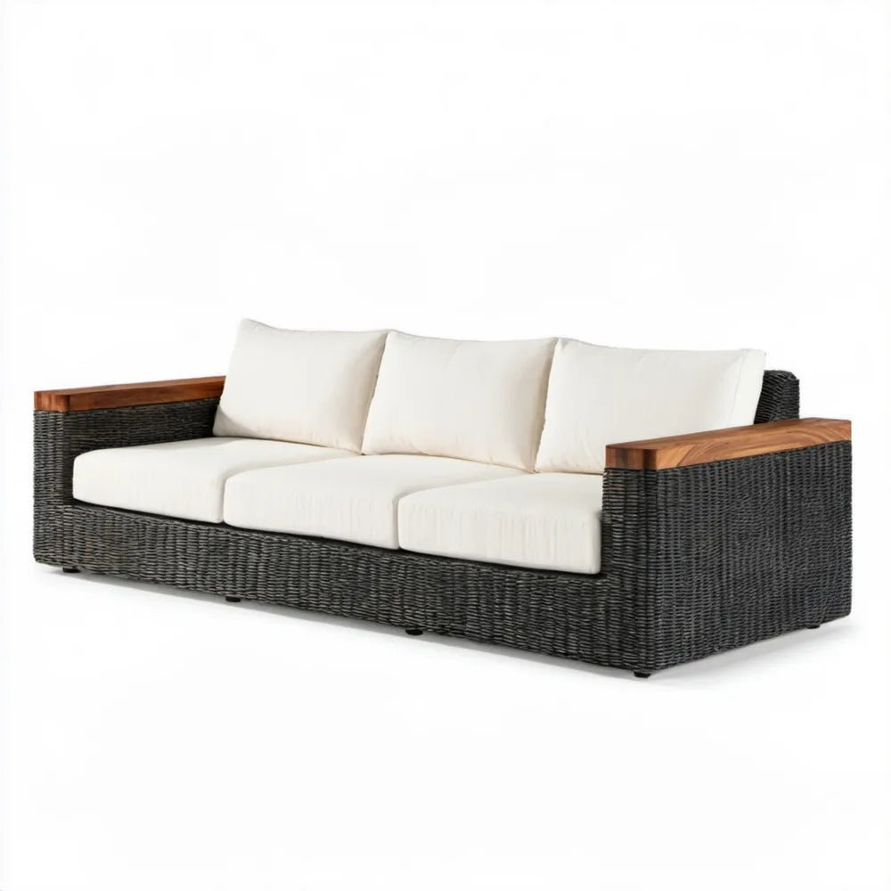 3-osobowa sofa ogrodowa z technorattanu PE, czarna z kremowymi poduszkami, 220 × 85 × 70 cm