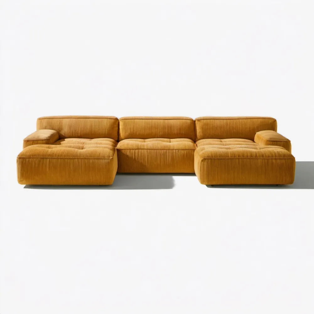 Musztardowa sofa modułowa w kształcie U ze sztruksowym obiciem, 300 x 160 x 75 cm