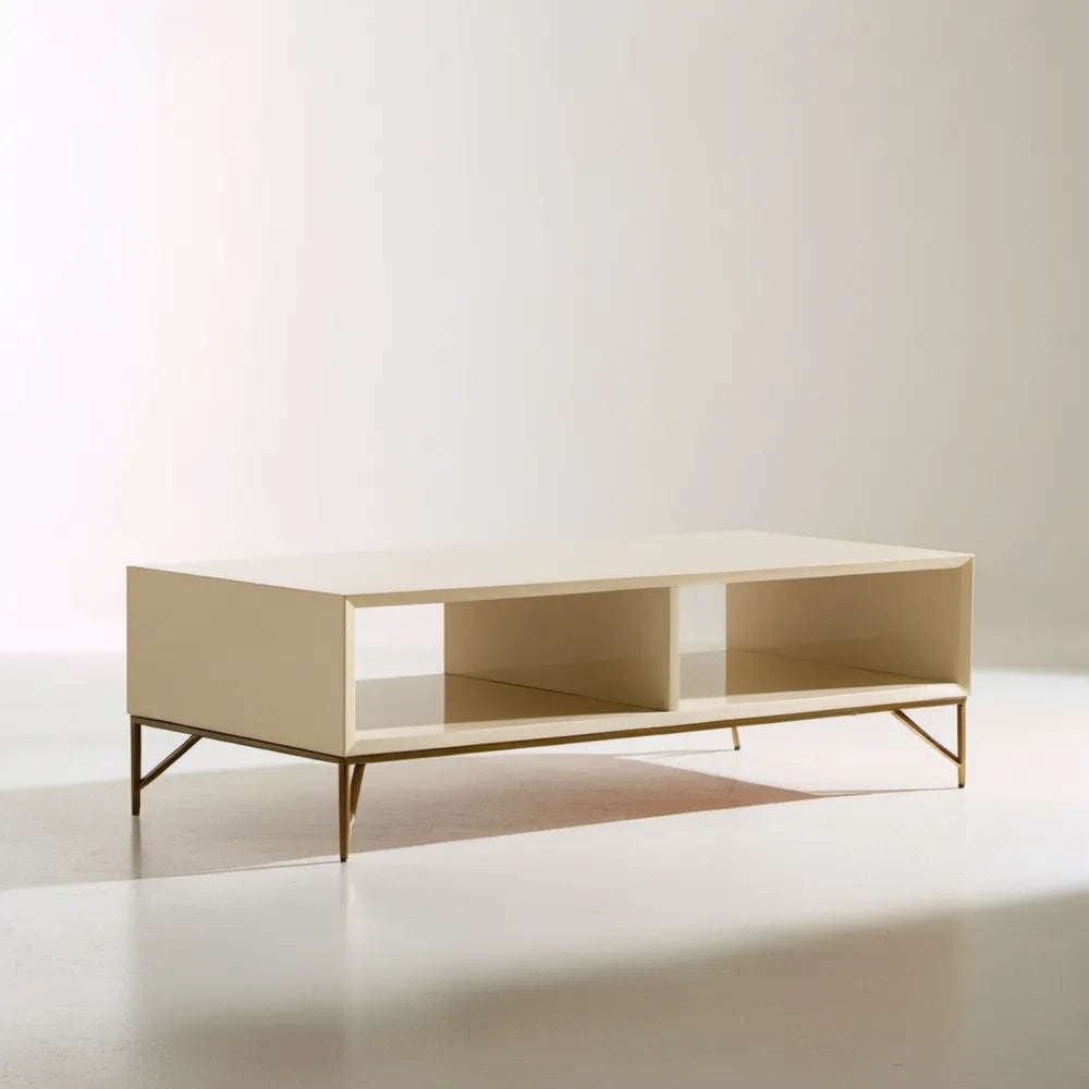 Beżowo-złoty prostokątny stolik kawowy z półkami, lakierowana płyta MDF, 120 x 40 x 45 cm