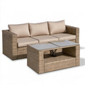 Beżowy zestaw wypoczynkowy ogrodowy z technorattanu, sofa 3-osobowa 200 x 75 x 70 cm i stolik 100 x 60 x 45/65 cm