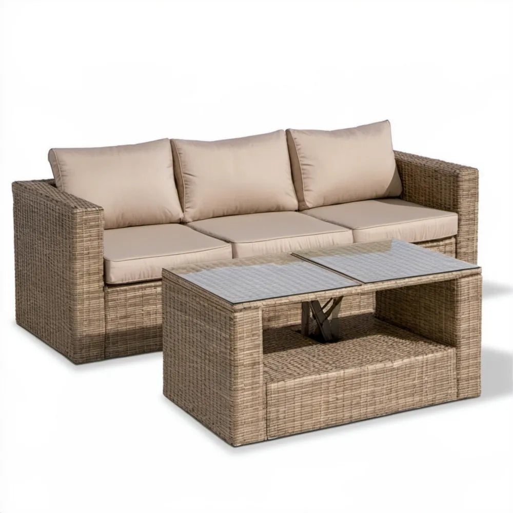 Beżowy zestaw wypoczynkowy ogrodowy z technorattanu, sofa 3-osobowa 200 x 75 x 70 cm i stolik 100 x 60 x 45/65 cm