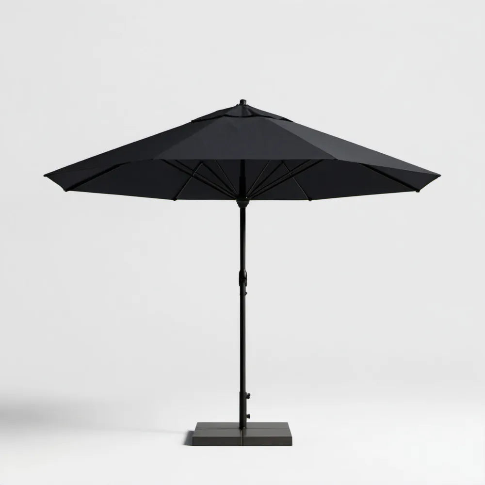 Czarny ośmiokątny parasol ogrodowy 300 cm z poliestru, stalowym stelażem i podstawą