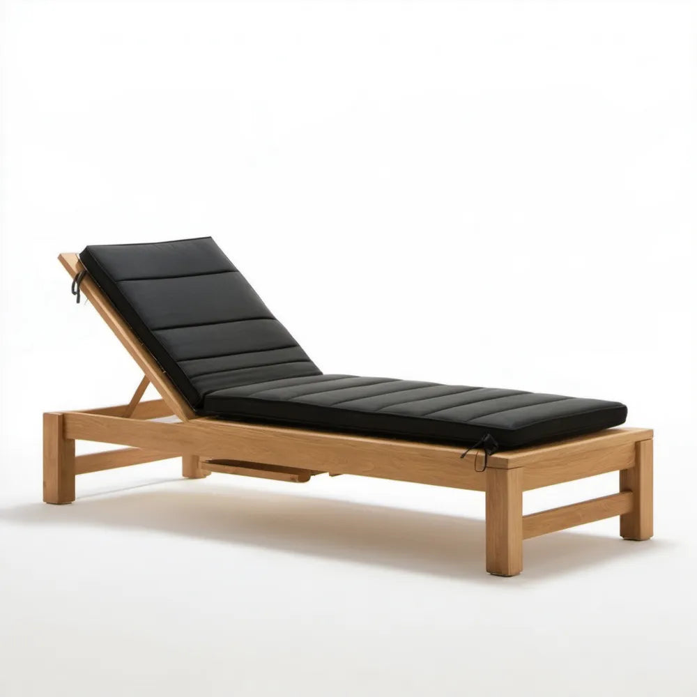 Regulowany leżak z drewna akacjowego z czarnym materacem 200 x 65 x 30 cm