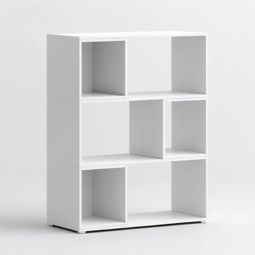 Biały regał z laminowanej płyty MDF, 90 × 30 × 90 cm, 6 otwartych wnęk
