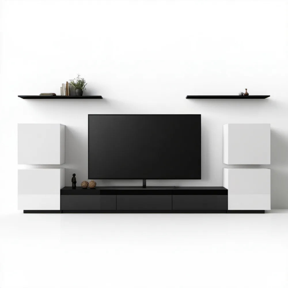 Meblościanka RTV z półkami biało-czarna 300 × 40 × 200 cm